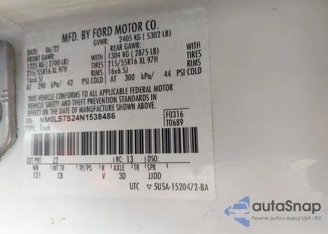 2022 Ford Transit Connect Xl Cargo Van z USA, uszkodzony, nr VIN NM0LS7S24N1538486